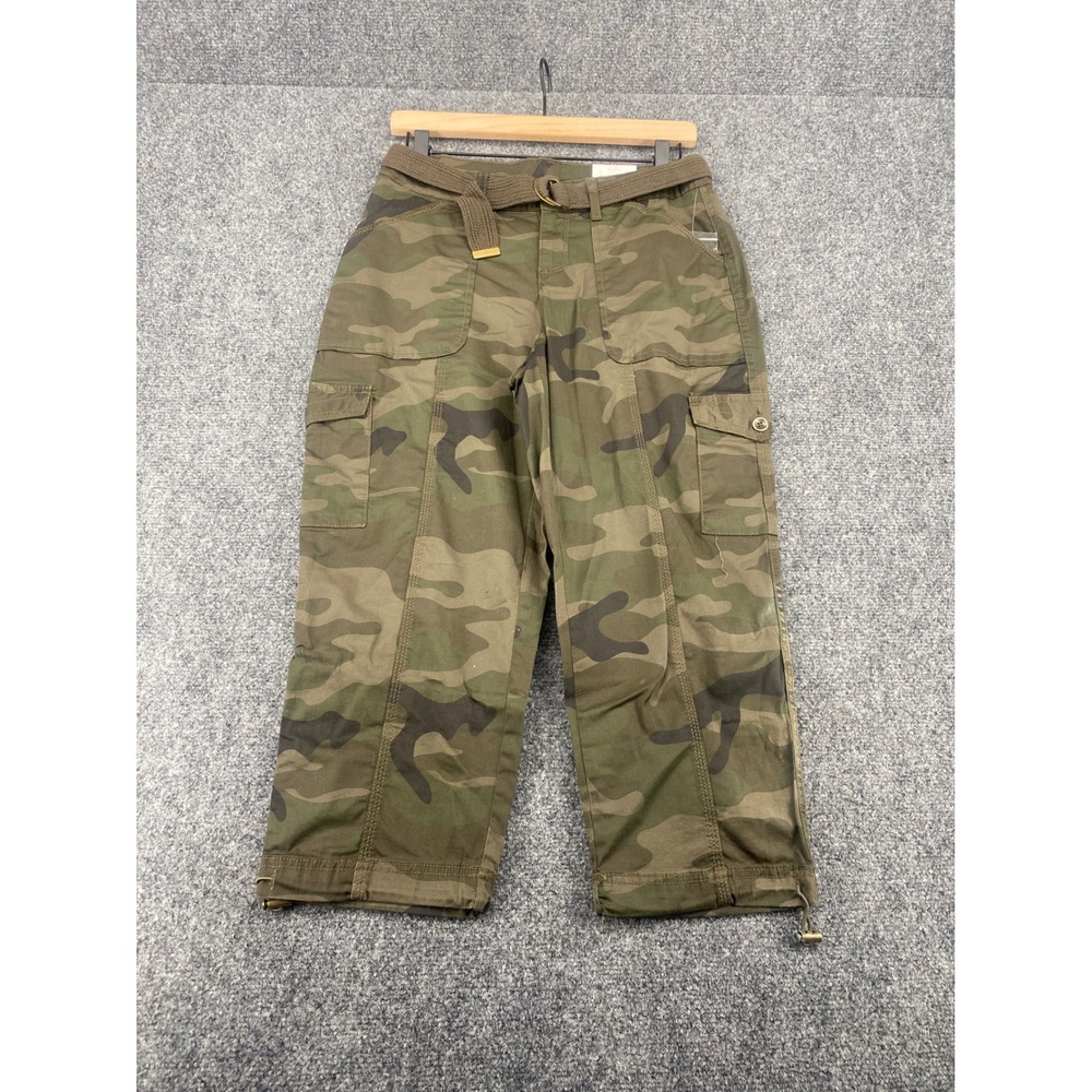 Time and Tru Cargo Pants Womens 6 Camo Green Belted Cropped Utility Outdoor New